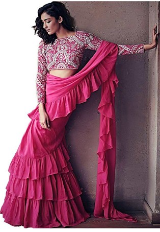 pink crepe flared drape saree