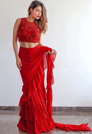 red georgette flared drape saree