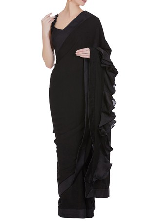 black georgette, organza, cotton silk ruffle bullion drape saree