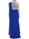 blue raw silk, georgette pre-draped saree with embroidered blouse