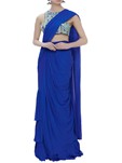blue raw silk, georgette pre-draped saree with embroidered blouse