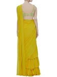 yellow raw silk, georgette pre-draped saree with embroidered blouse