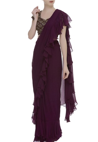 purple silk,georgette,shantoon pre draped ruffle saree with blouse