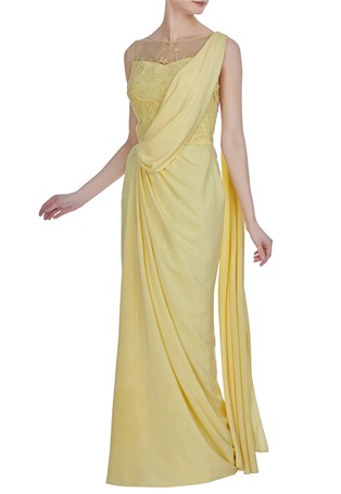 yellow crepe silk, crepe hand embroidered draped saree