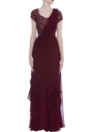 maroon silk,georgette pre draped saree with blouse