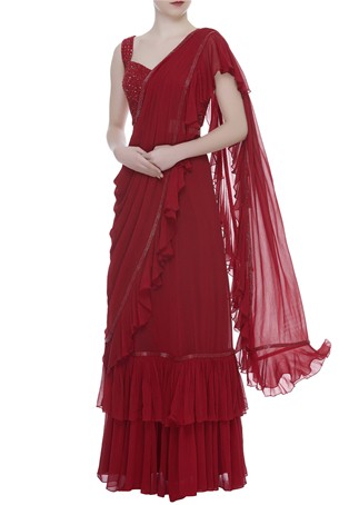 red ruffle lehenga draped saree