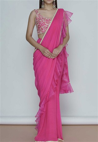 pink embroidered pre-draped saree with blouse