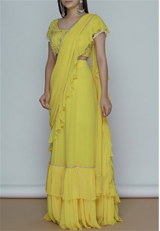 yellow embroidered pre-draped saree with blouse