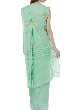 green linen thread embroidered saree