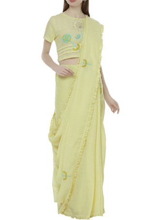 yellow linen thread embroidered saree