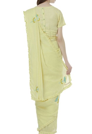 yellow linen thread embroidered saree