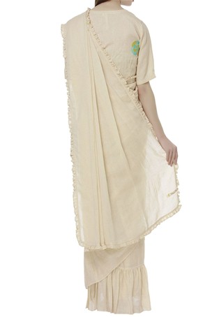beige linen thread embroidered saree