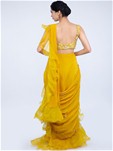 yellow ready pleated draped saree with ruffled
