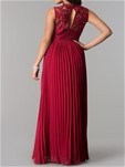 long pleated prom dress with high neck lace