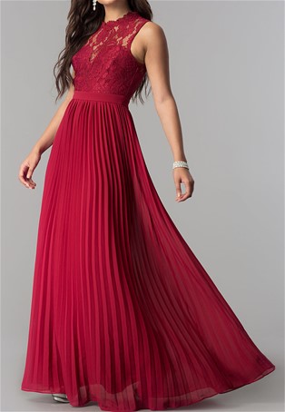 long pleated prom dress with high neck lace