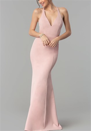 pink back v-neck mermaid formal dress