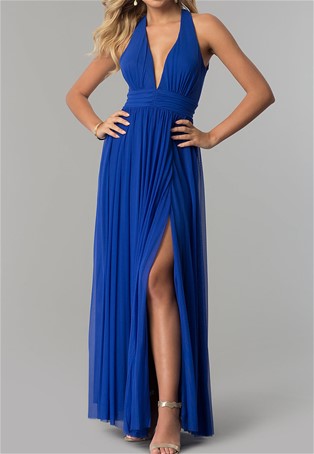 electric cobalt blue open back long dress