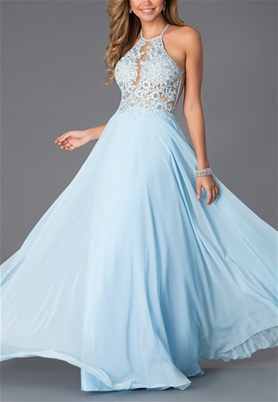 light blue open back halter gown dress