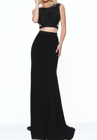 long two-piece prom dress with beaded top