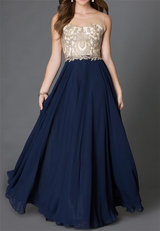 long formal gown with embroidered bodice