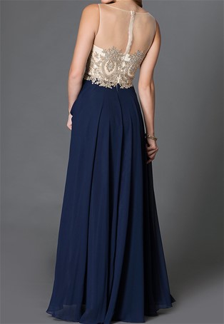 long formal gown with embroidered bodice