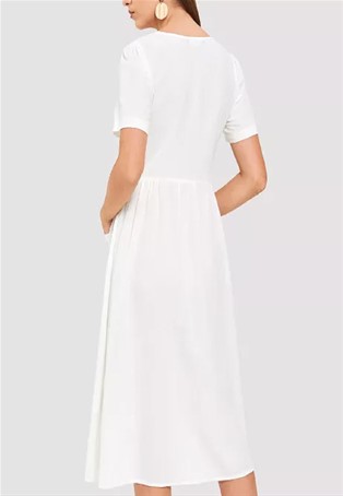 white pocket button front v-neck plain dress