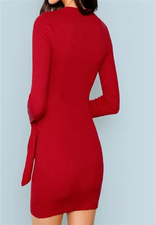 maroon knotted wrap front fitted dress