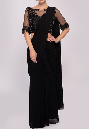 black pleated drape sarees