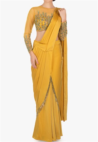 Mustard pleated drape sarees