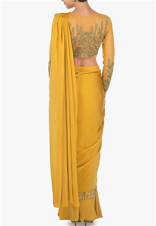 Mustard pleated drape sarees