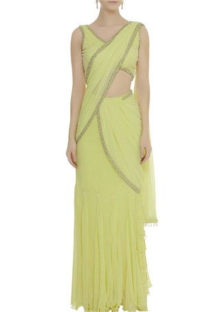 yellow pre-pleated drape saree