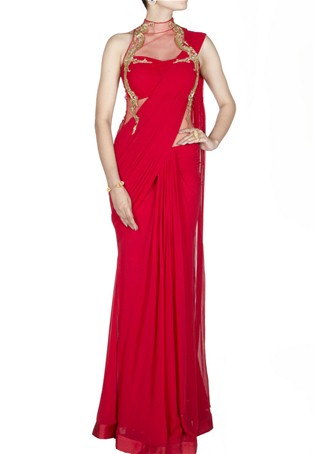 red pre-pleated drape saree