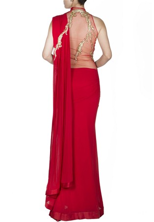 red pre-pleated drape saree
