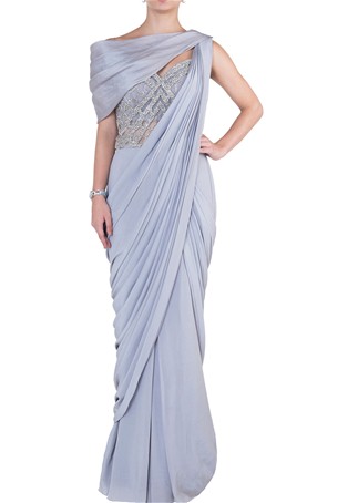 grey pre-pleated drape saree