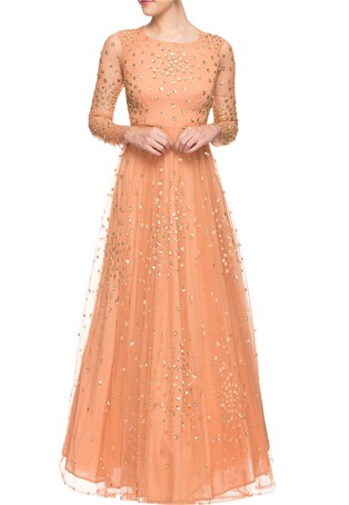 designer net light orange color gown