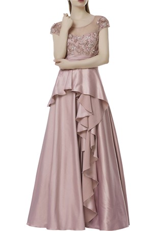 designer duchess satin,tulle pink color gown