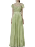 designer satin georgette,tulle green color gown
