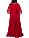 red embellished gown with draped sleeves