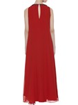 red sleeveless gown with embellished neckline