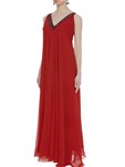 red sleeveless gown with embellished neckline