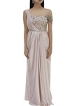 beige, pink embellished draped gown