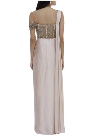 beige, pink embellished draped gown