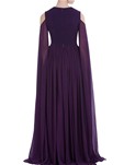 purple flared sleeves floor length gown