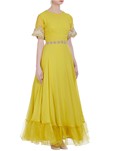 yellow floor length gown with embroidered sleeves