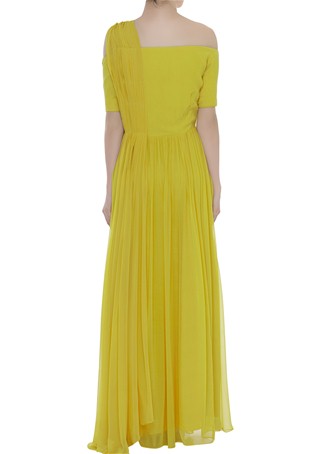 yellow cold shoulder one side draped gown