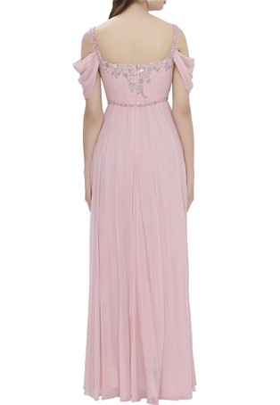 pink embellished cold shoulder gown
