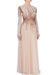 beige high collar gown with stud details