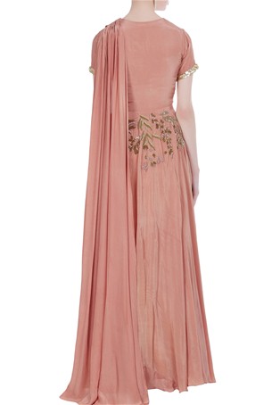pink crepe embroidered gown with drape dupatta