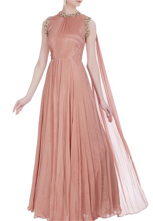 pink chiffon sleeveless gown with drape dupatta