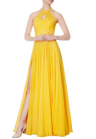 yellow chiffon halter chiffon silk gown
